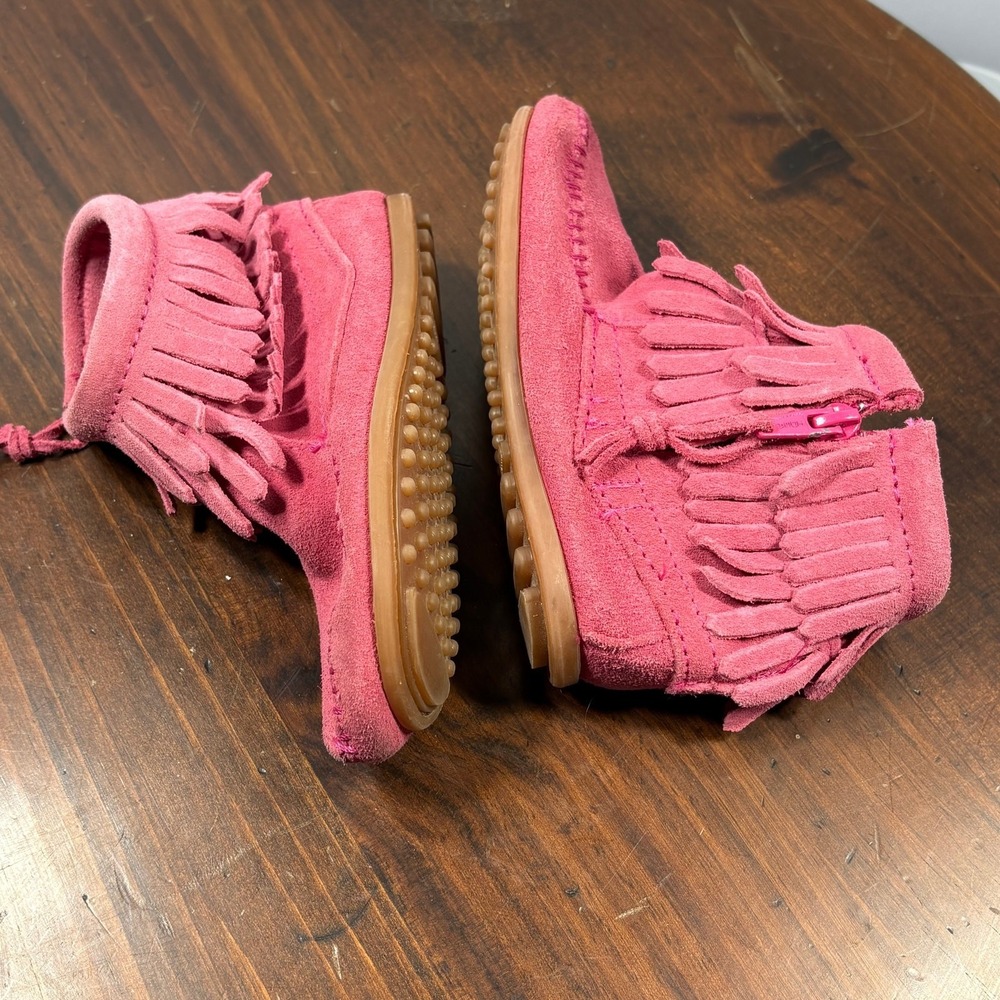 Minnetonka Ankle Boots Girls Size 10 Hot Pink Suede Double Fringe Side Zip 2295‎